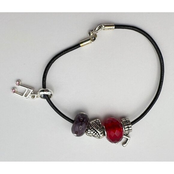 Music Note Charm Bracelet Silver Tone with Faux Leather Rope Family Purple Red - Picture 6 of 6